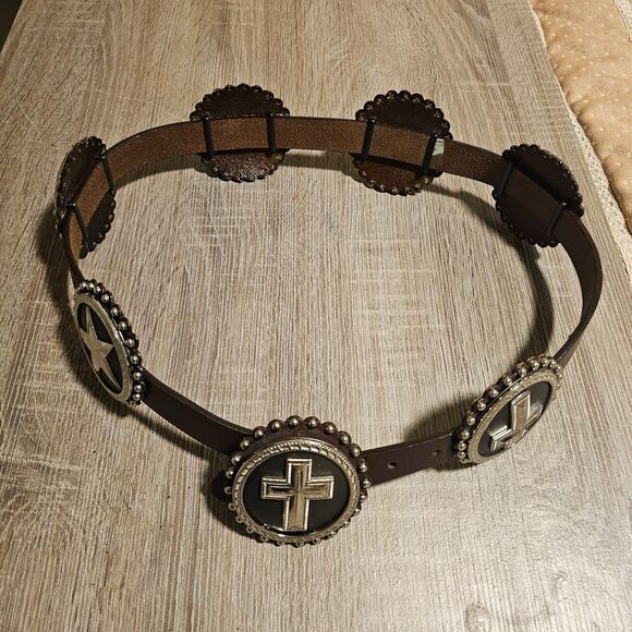 Ranger Belt Co Western Leather Belt 34 Concho Cross Star Design New - Picture 4 of 6